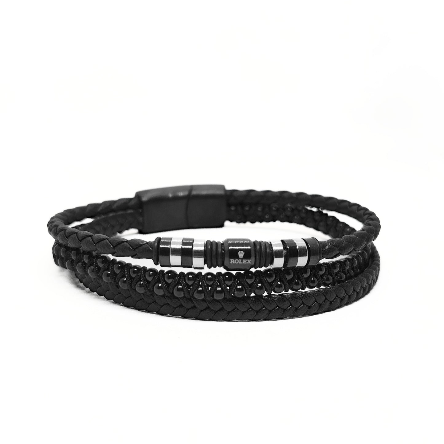 Men's black braided leather bracelet with striped metal bead center and multi-wrap design