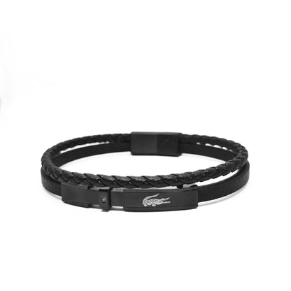 Men's black leather braided bracelet viewed from side with logo plate