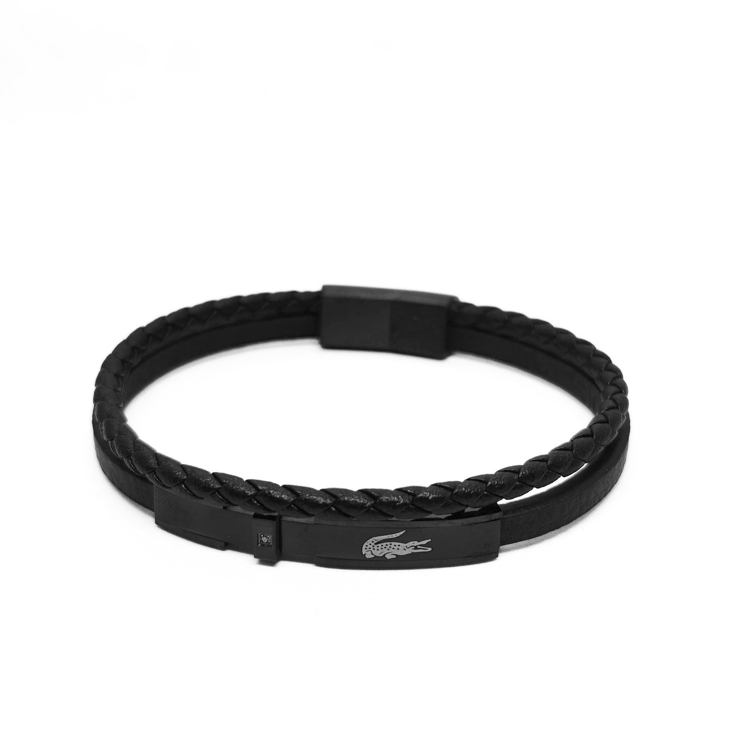 Men's black leather braided bracelet with rectangular clasp and engraved logo