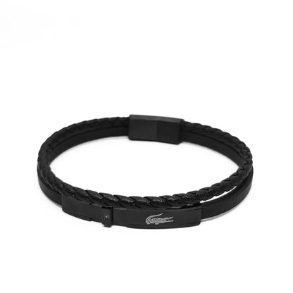 Men's black leather braided bracelet with rectangular clasp and engraved logo