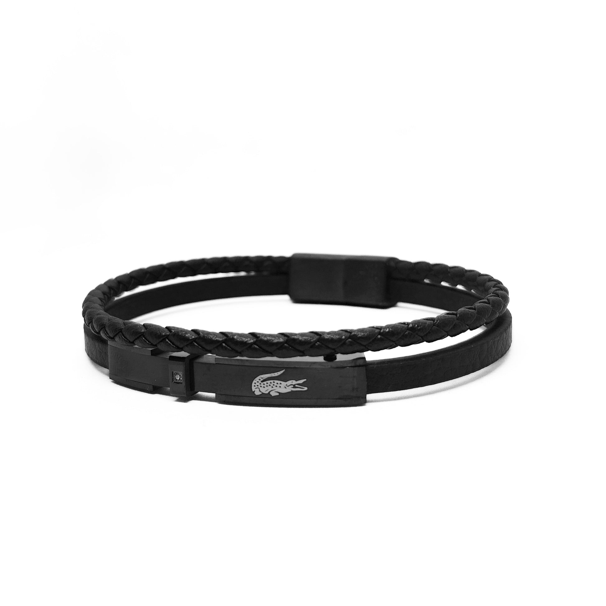 Men's black leather braided bracelet with wide clasp and centered logo