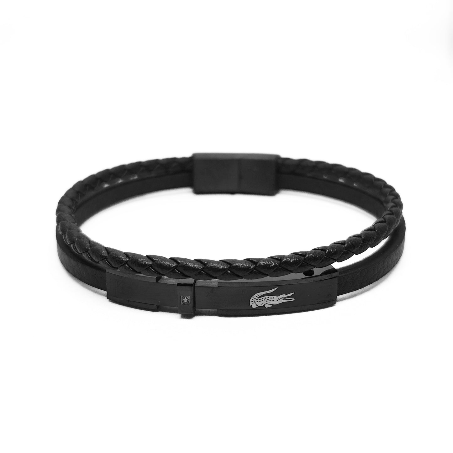 Men's black leather braided bracelet with clasp and oval logo plate