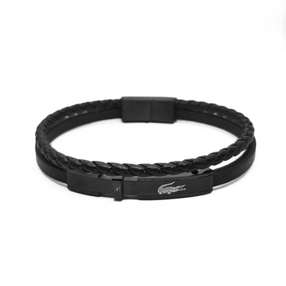Men's black leather braided bracelet with clasp and oval logo plate