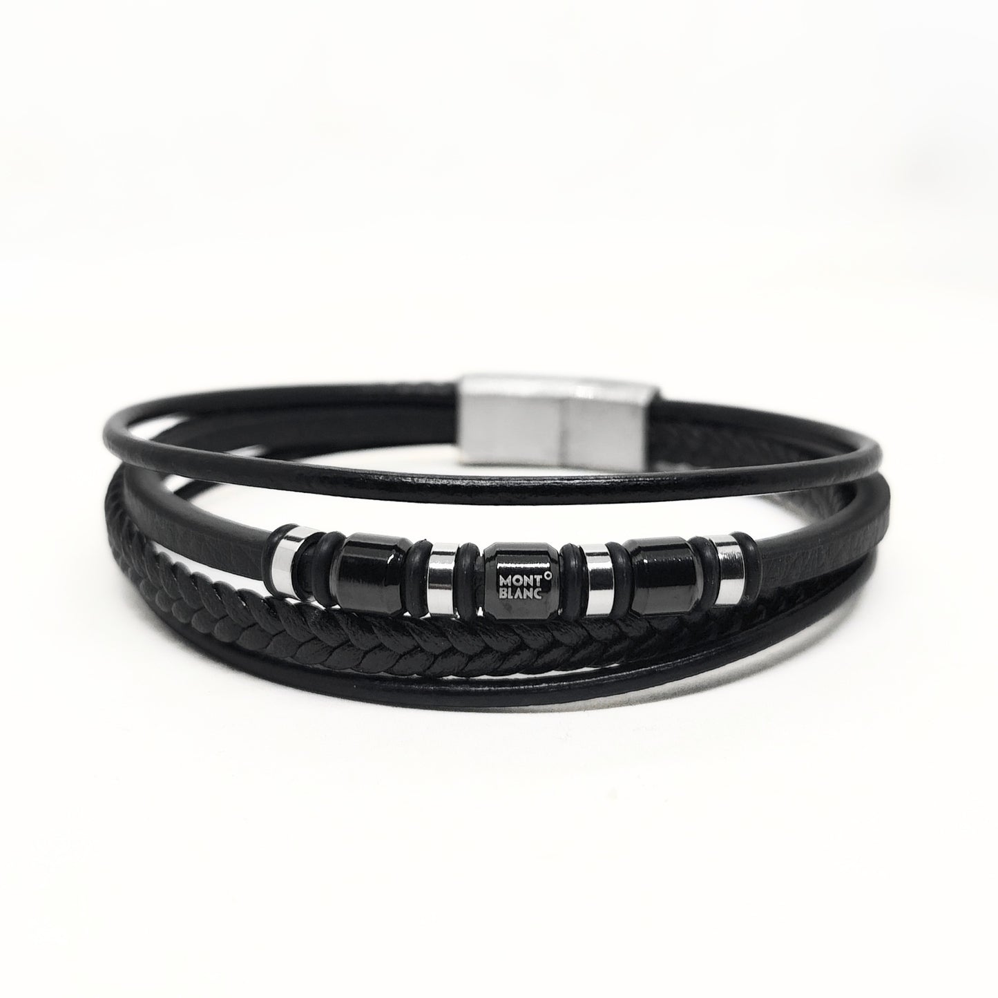 Men's black leather wrap bracelet with black bands, metal clasp, and Mont Blanc logo beads