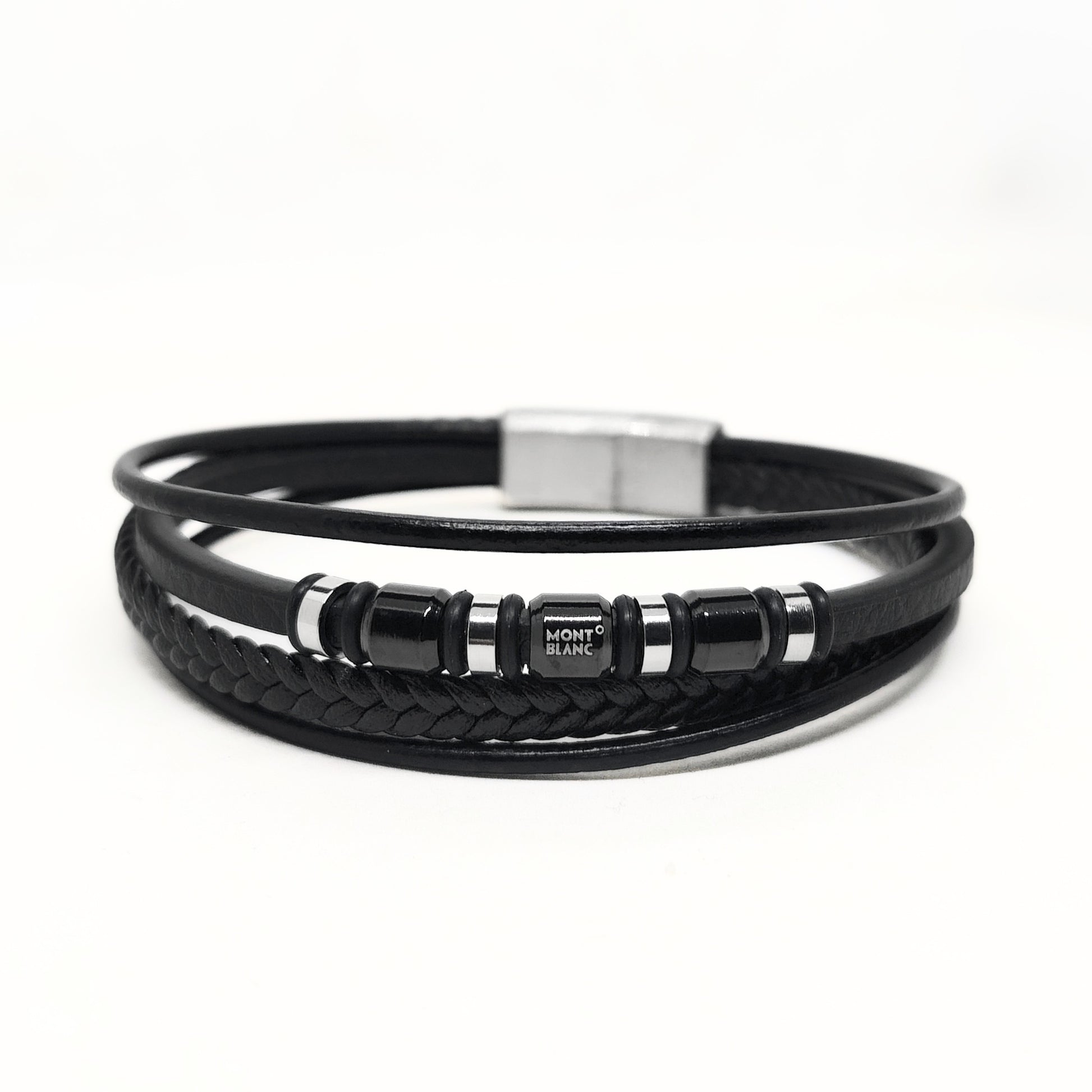 Men's black leather wrap bracelet with black bands, metal clasp, and Mont Blanc logo beads
