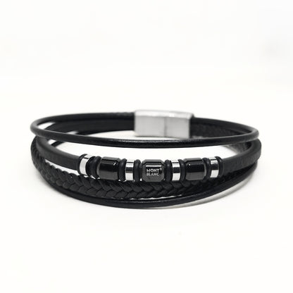 Men's black leather wrap bracelet with black bands, metal clasp, and Mont Blanc logo beads
