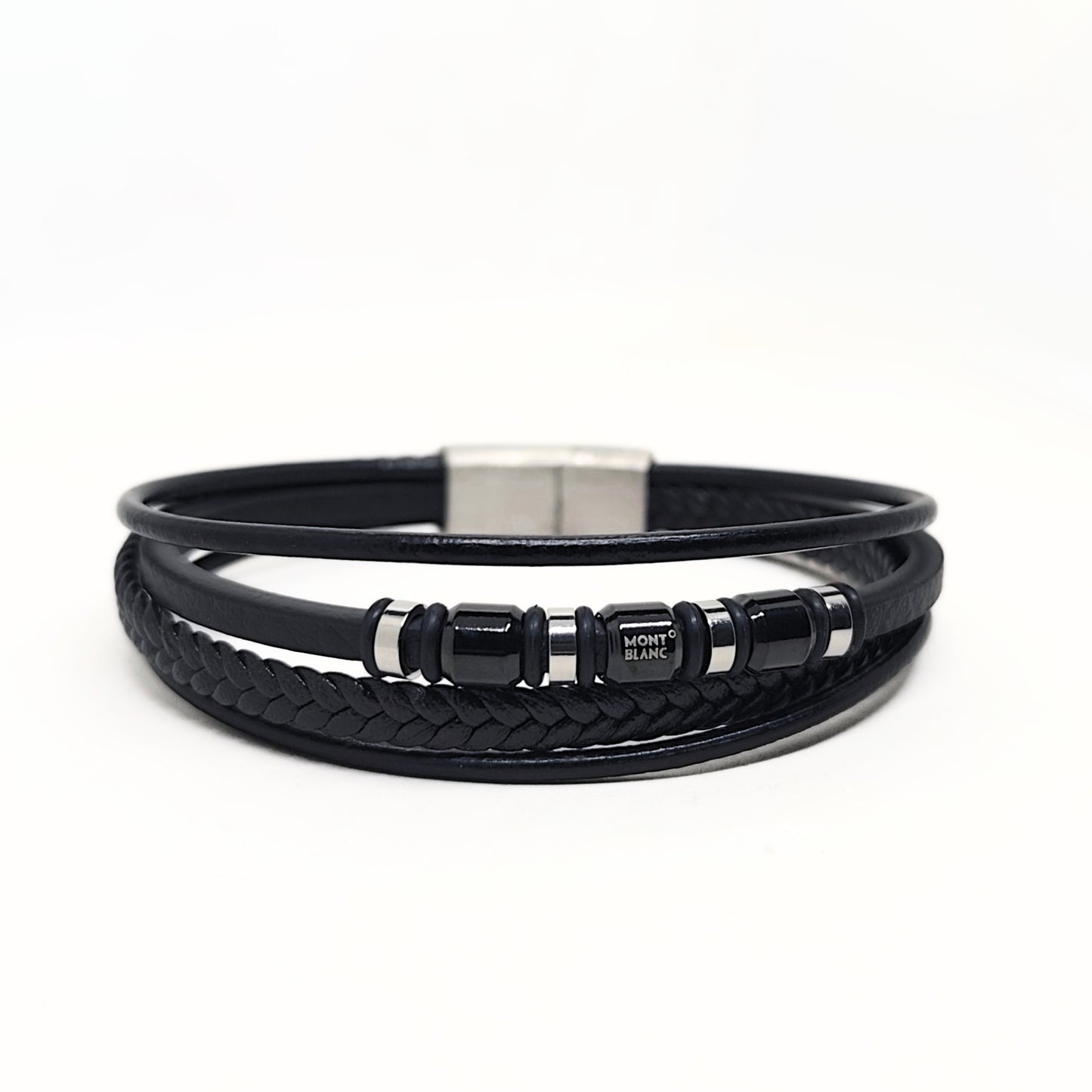 Men's black leather wrap bracelet with metal clasp and Mont Blanc logo beads