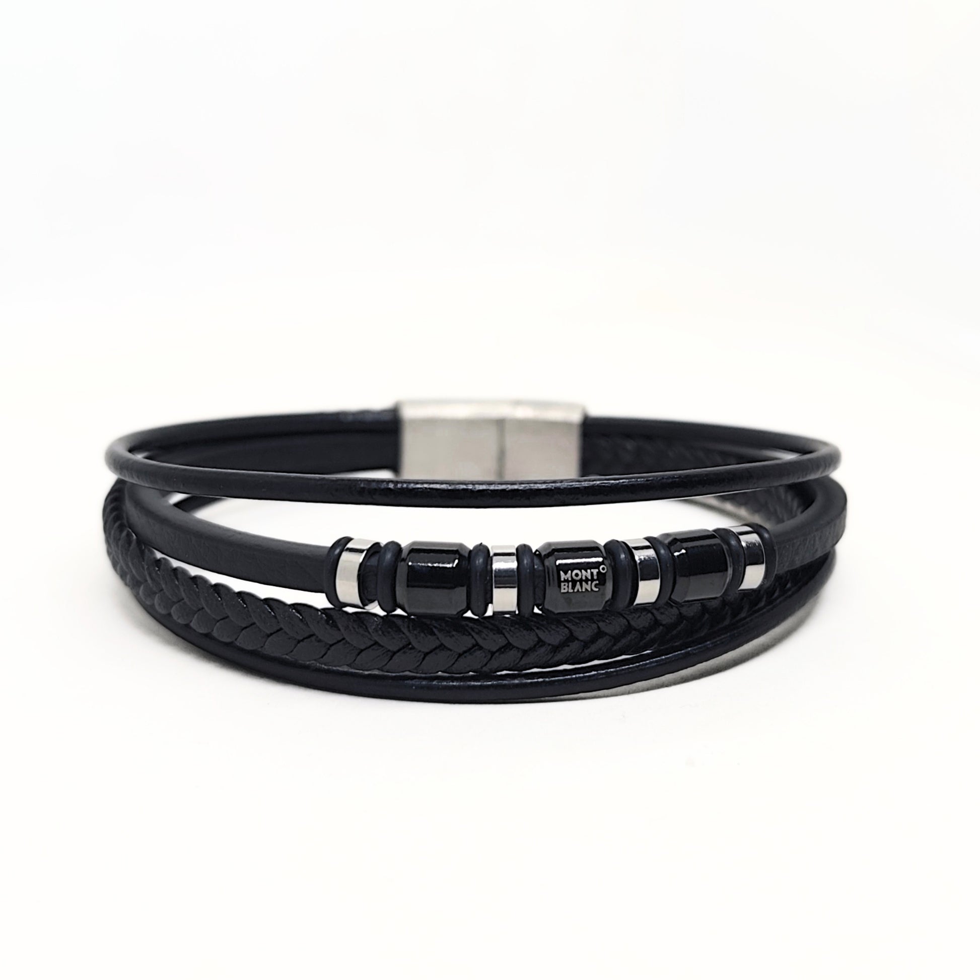 Men's black leather wrap bracelet with metal clasp and Mont Blanc logo beads
