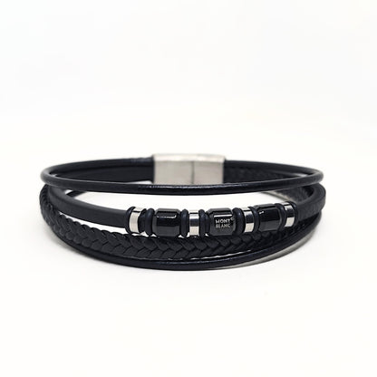 Men's black leather wrap bracelet with metal clasp and Mont Blanc logo beads