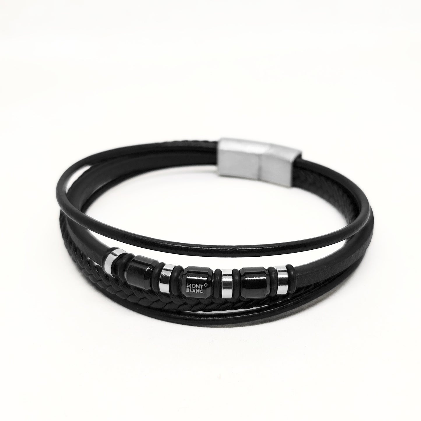 Men's black leather wrap bracelet with braided band, metal clasp, and logo beads