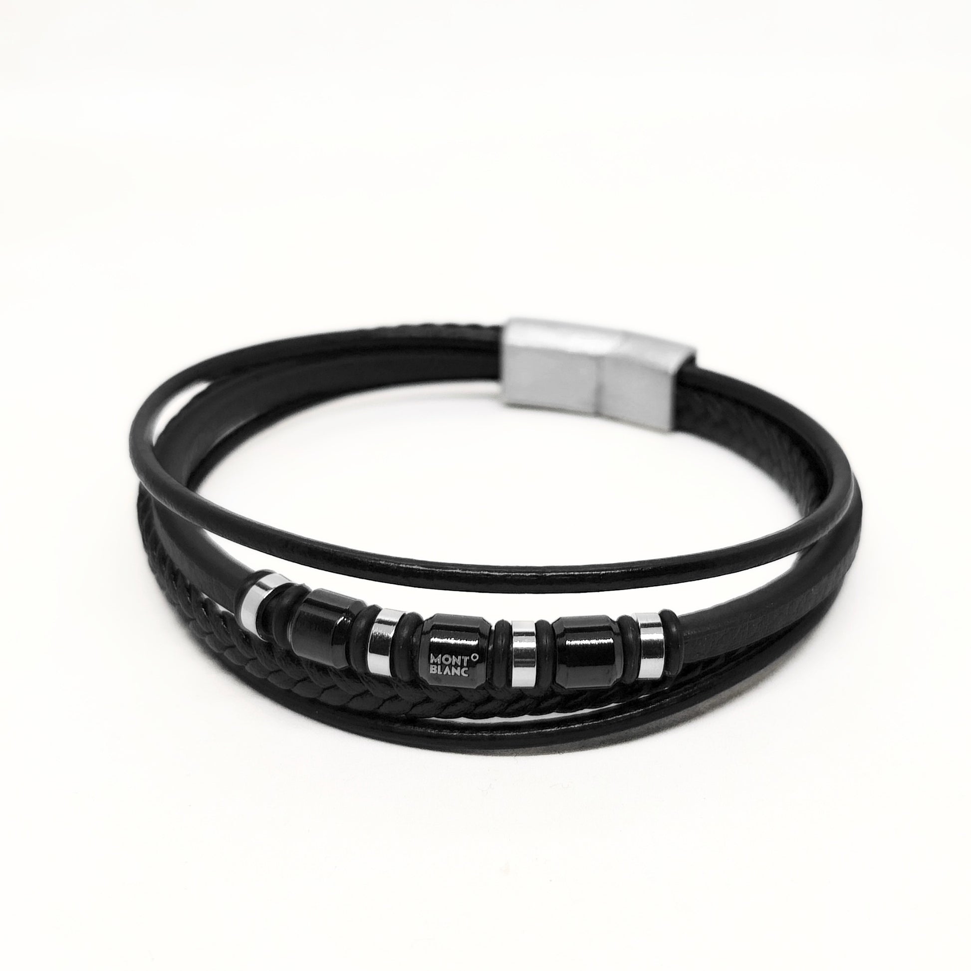 Men's black leather wrap bracelet with braided band, metal clasp, and logo beads