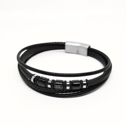 Men's black leather wrap bracelet with braided band, metal clasp, and logo beads
