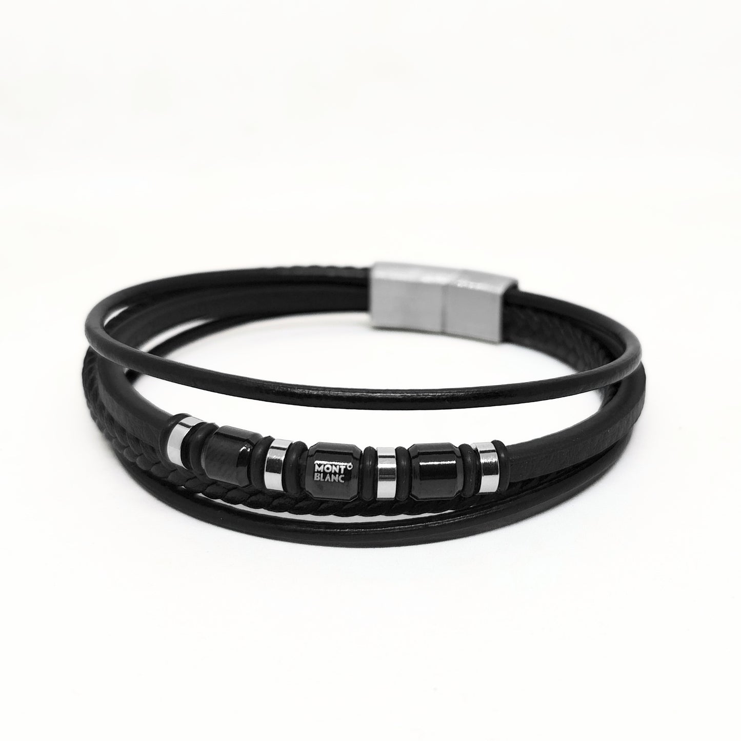 Men's black leather wrap bracelet with braided center, Mont Blanc logo, and metal clasp