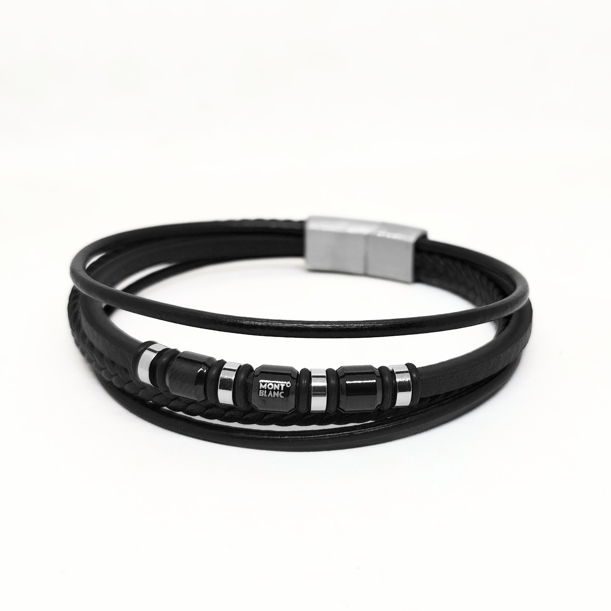 Men's black leather wrap bracelet with braided center, Mont Blanc logo, and metal clasp
