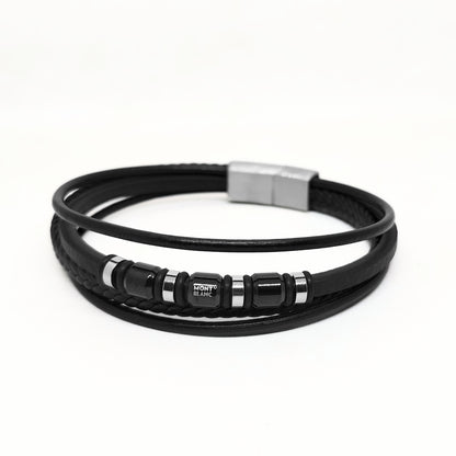 Men's black leather wrap bracelet with braided center, Mont Blanc logo, and metal clasp