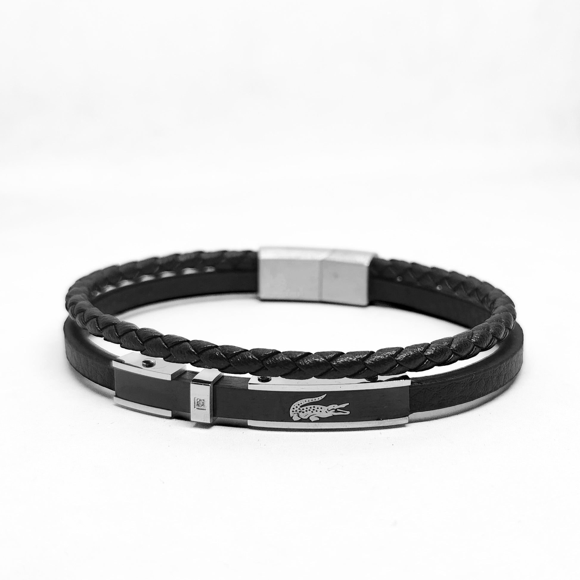 Premium Leather B-143 Bracelet by Overpowered Accessories features a braided black leather design with a sleek metal clasp.