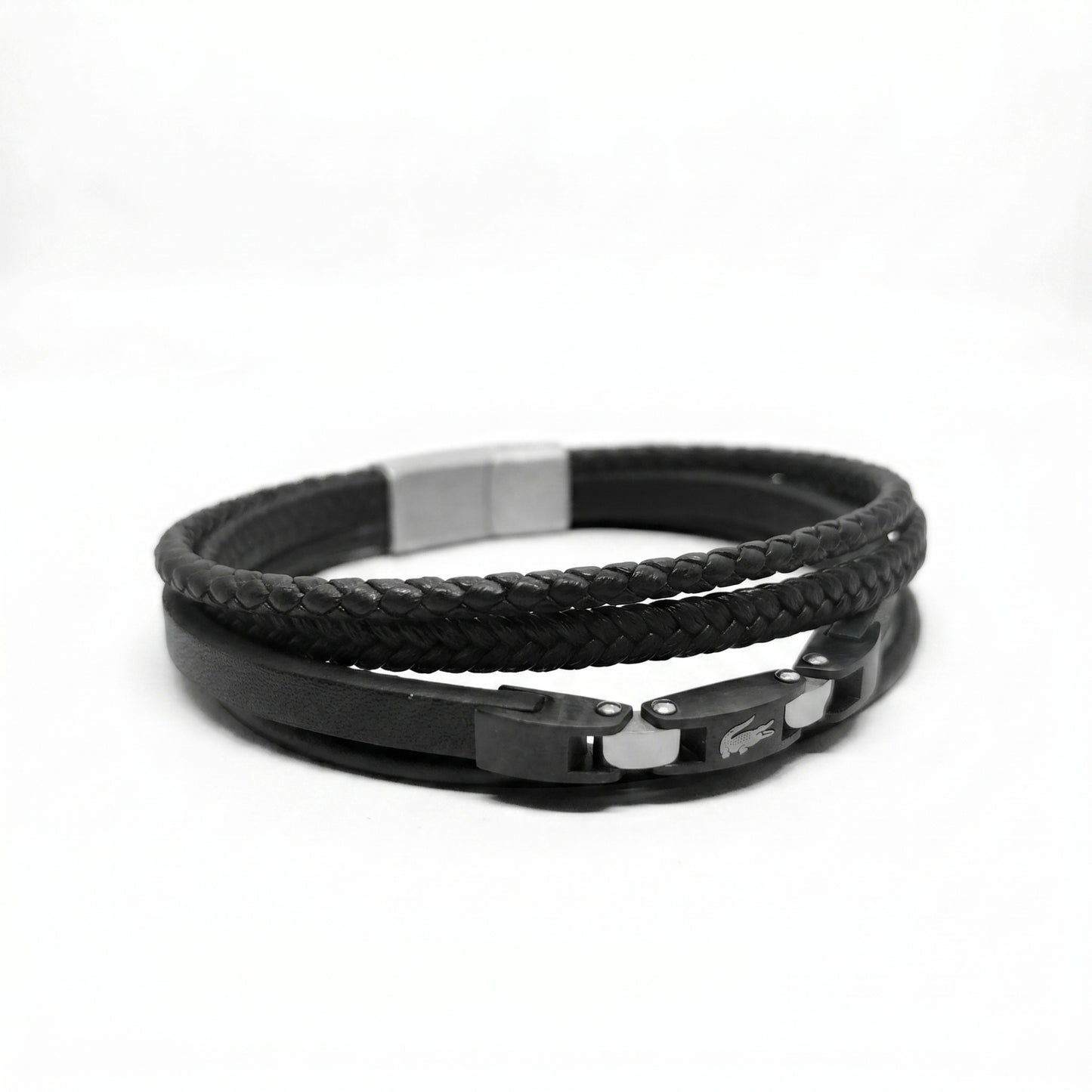 Premium Leather B-144 Bracelet by Overpowered Accessories featuring a braided design and metal accents in black and silver.