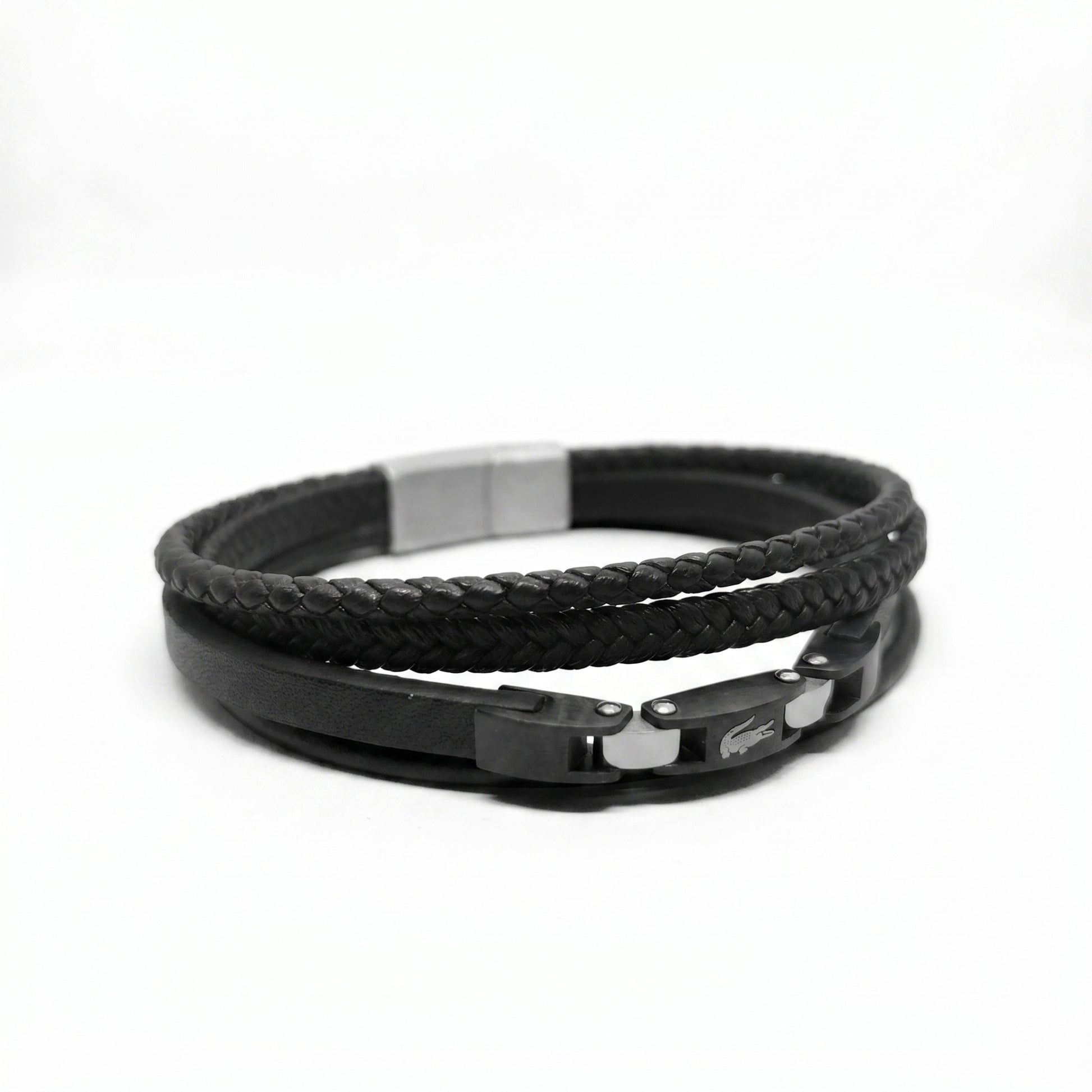 Premium Leather B-144 Bracelet by Overpowered Accessories featuring a braided design and metal accents in black and silver.