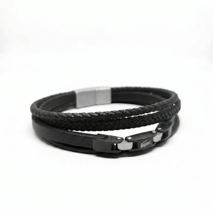 Premium Leather B-144 Bracelet by Overpowered Accessories featuring a braided design and metal accents in black and silver.