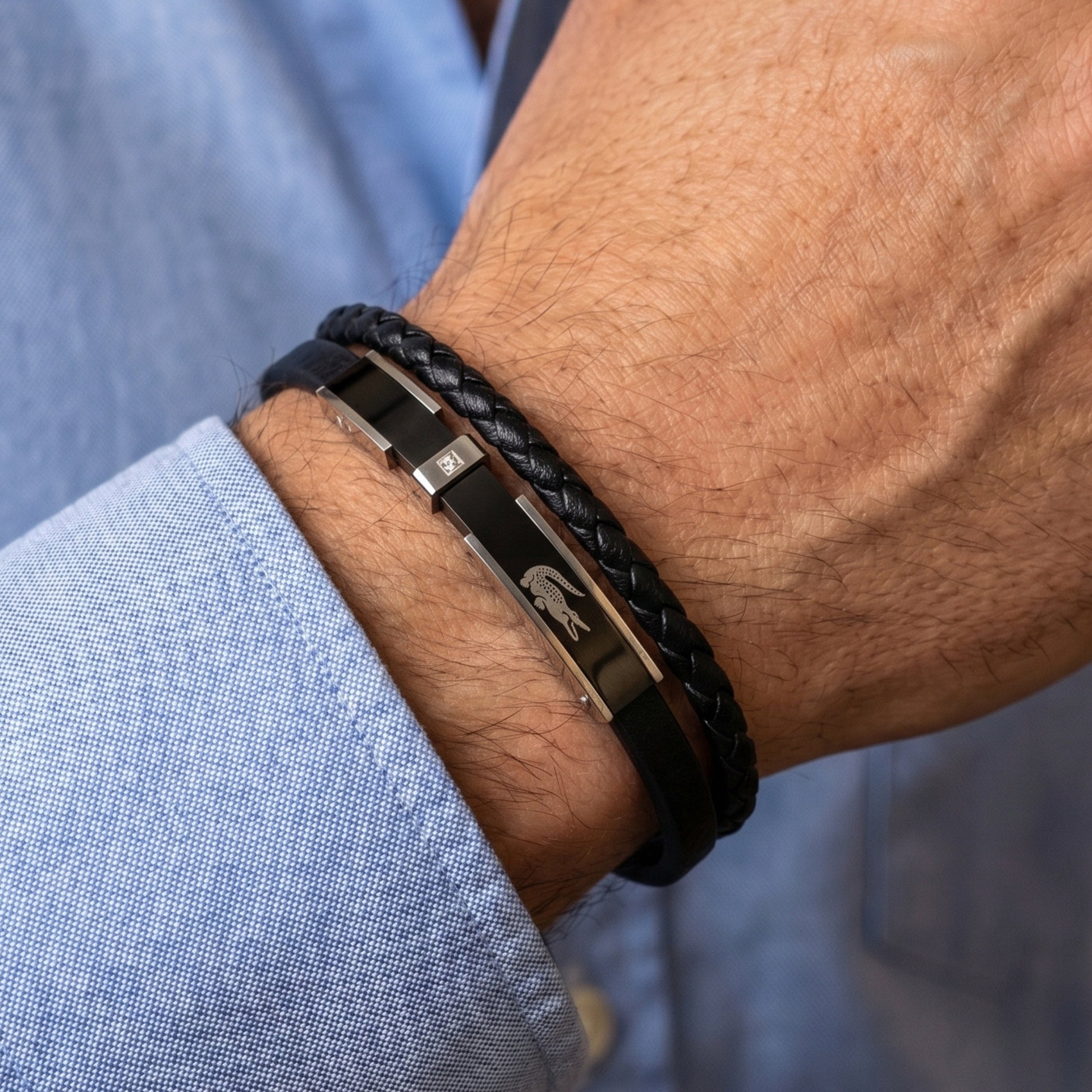 Premium Leather B-143 Bracelet by Overpowered Accessories, featuring a braided black leather design and metal accents on a wr