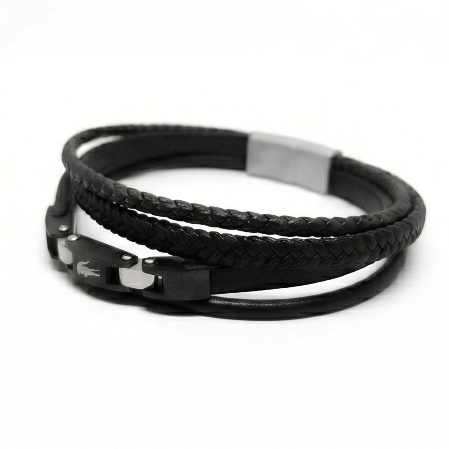 Premium Leather B-144 Bracelet from Overpowered Accessories featuring braided and smooth black leather with a metallic clasp.