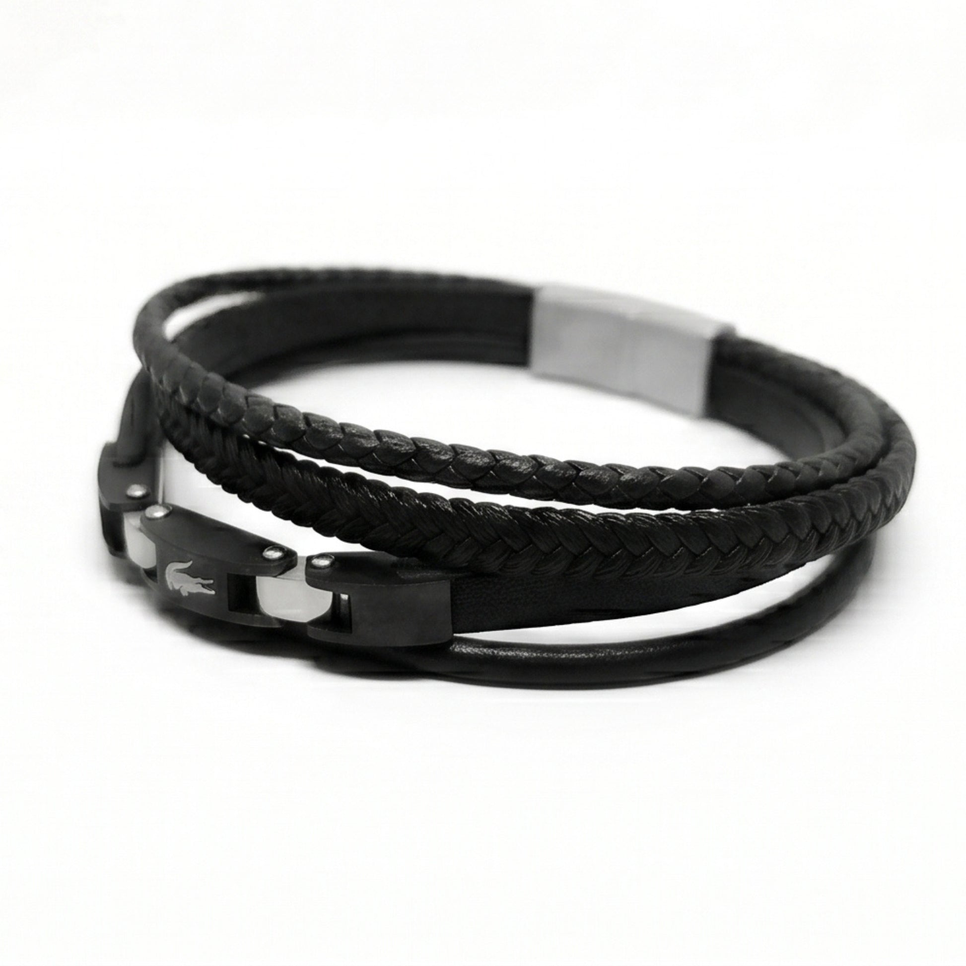 Premium Leather B-144 Bracelet from Overpowered Accessories featuring braided and smooth black leather with a metallic clasp.