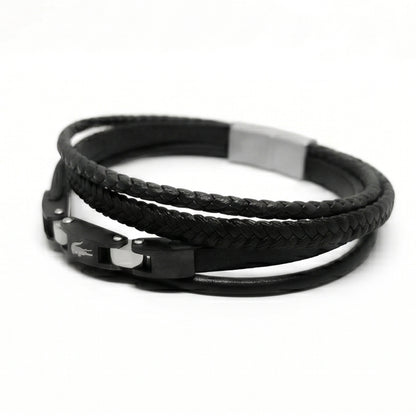 Premium Leather B-144 Bracelet from Overpowered Accessories featuring braided and smooth black leather with a metallic clasp.