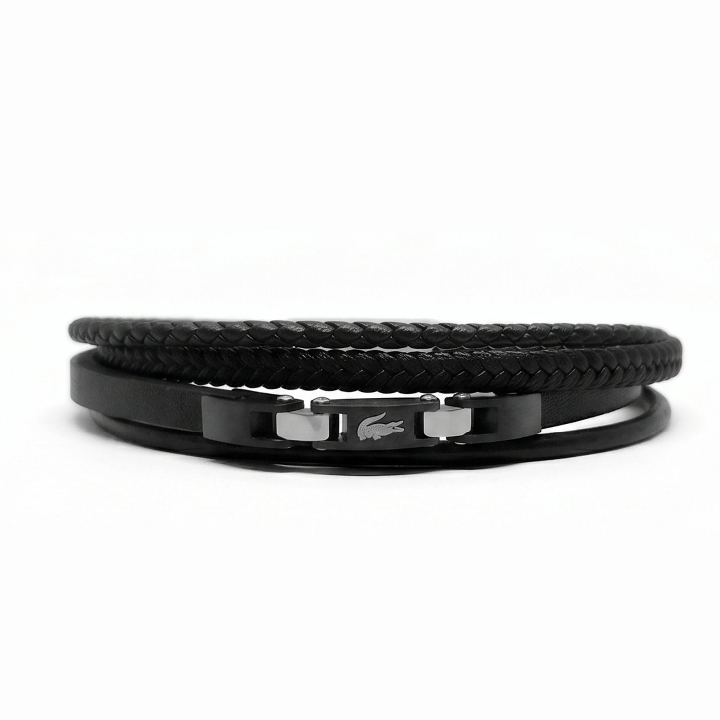 Premium Leather B-144 Bracelet by Overpowered Accessories featuring a braided design and sleek black finish.