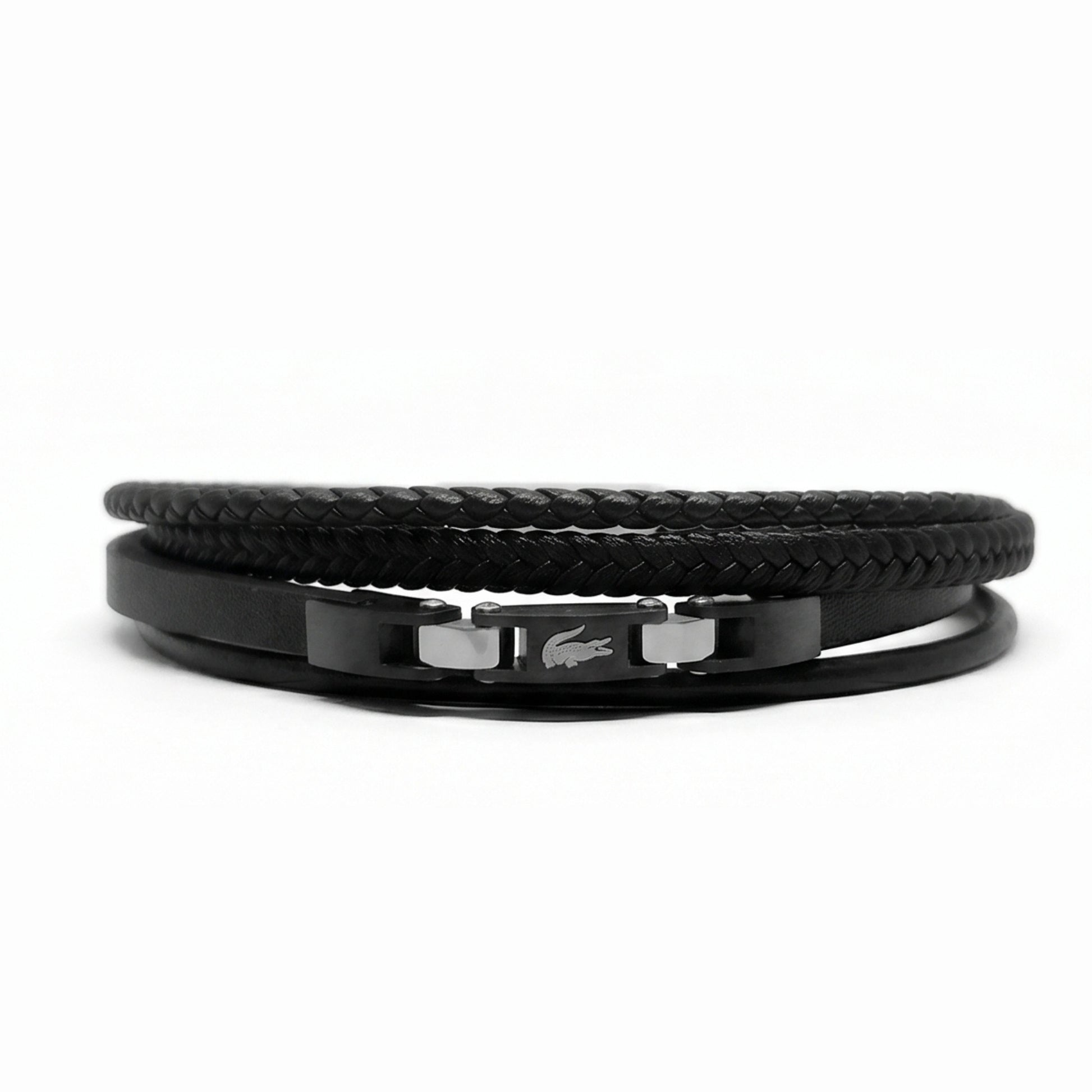 Premium Leather B-144 Bracelet by Overpowered Accessories featuring a braided design and sleek black finish.
