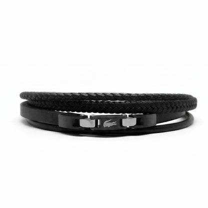 Premium Leather B-144 Bracelet by Overpowered Accessories featuring a braided design and sleek black finish.