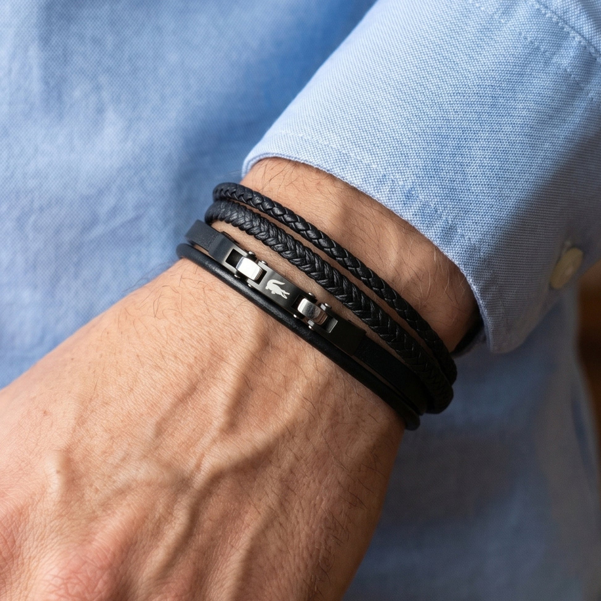 Premium Leather B-144 Bracelet by Overpowered Accessories, featuring multiple black leather strands on a wrist.