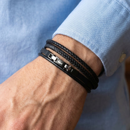 Premium Leather B-144 Bracelet by Overpowered Accessories, featuring multiple black leather strands on a wrist.