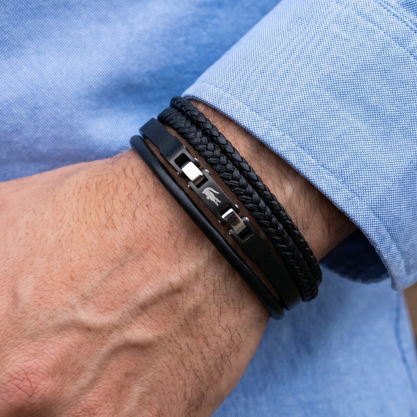 Premium Leather B-144 Bracelet by Overpowered Accessories, featuring a layered design with braided and smooth black leather.