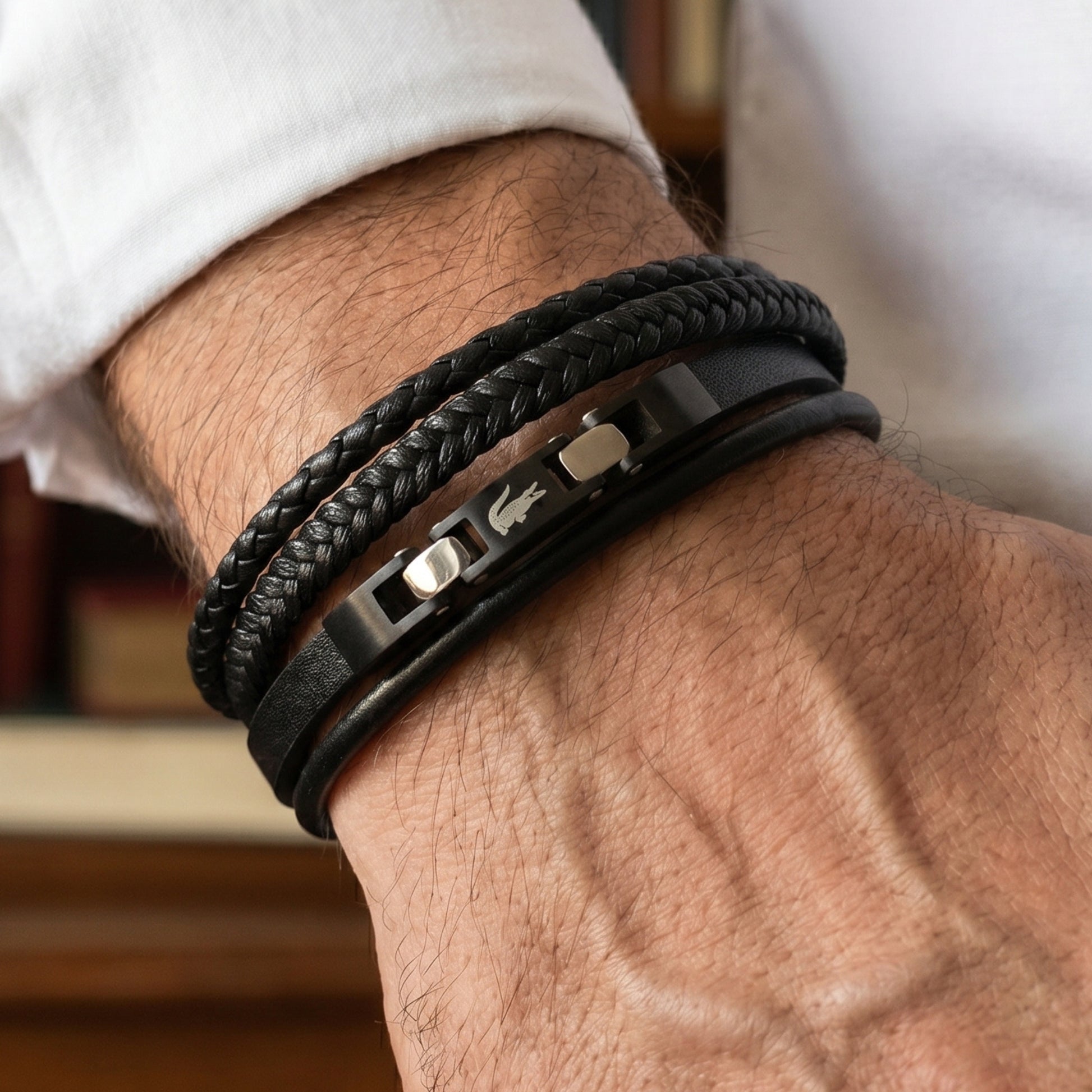 Premium Leather B-144 Bracelet by Overpowered Accessories, featuring a sleek design with braided and smooth leather elements.