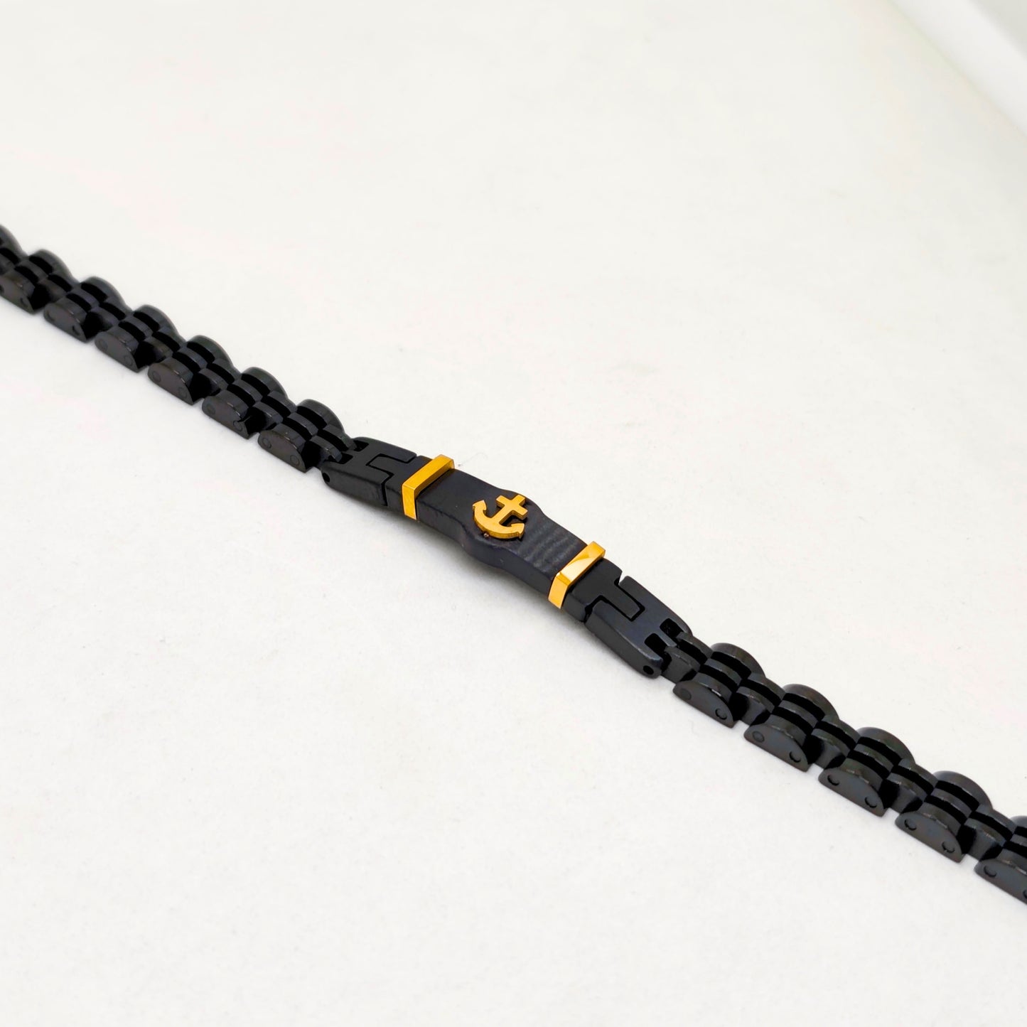 Black & Gold Anchor Stainless Steel B-145 Bracelet by Overpowered Accessories featuring a sleek black design with gold accent