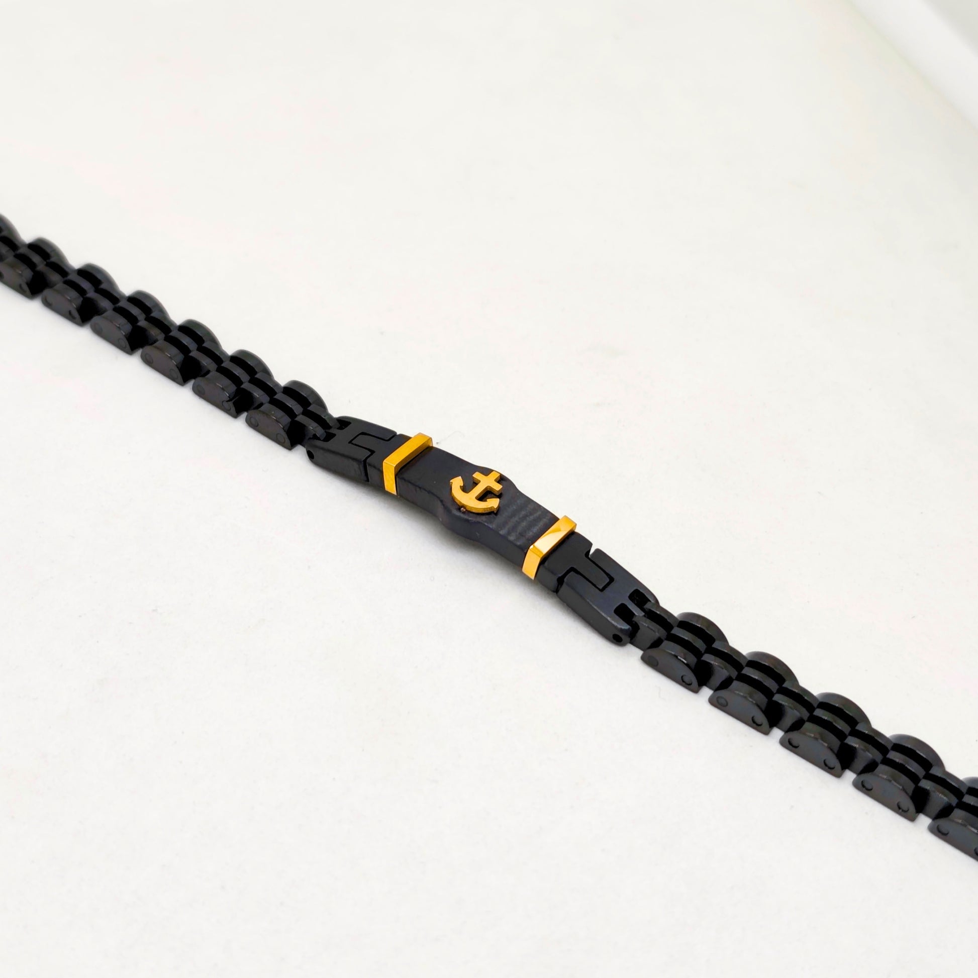 Black & Gold Anchor Stainless Steel B-145 Bracelet by Overpowered Accessories featuring a sleek black design with gold accent