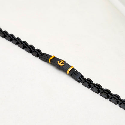 Black & Gold Anchor Stainless Steel B-145 Bracelet by Overpowered Accessories featuring a sleek black design with gold accent