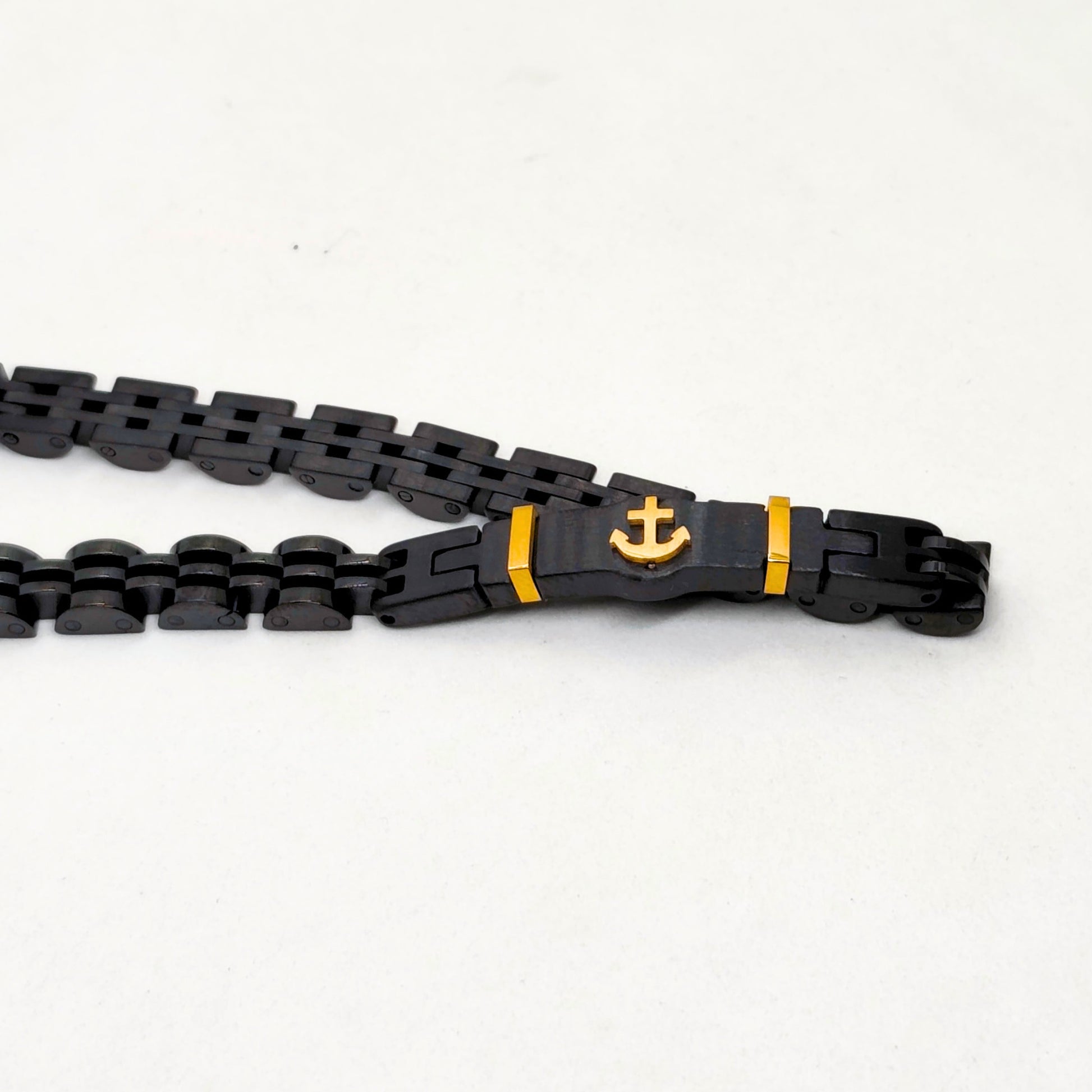 Black & Gold Anchor Stainless Steel B-145 Bracelet by Overpowered Accessories featuring a sleek black design with gold accent