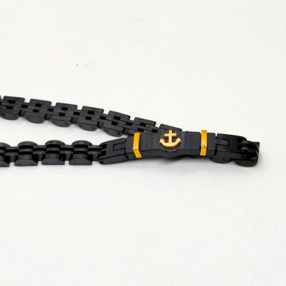 Black & Gold Anchor Stainless Steel B-145 Bracelet by Overpowered Accessories featuring a sleek black design with gold accent