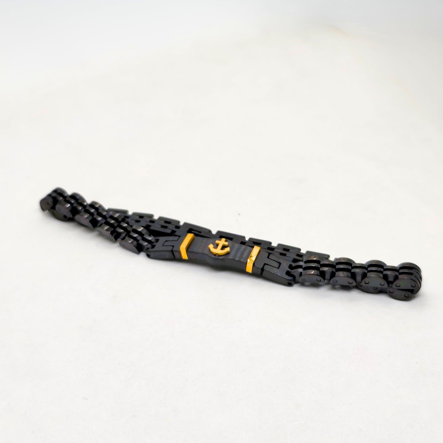 Black & Gold Anchor Stainless Steel B-145 Bracelet by Overpowered Accessories. Features a sleek black design with gold anchor
