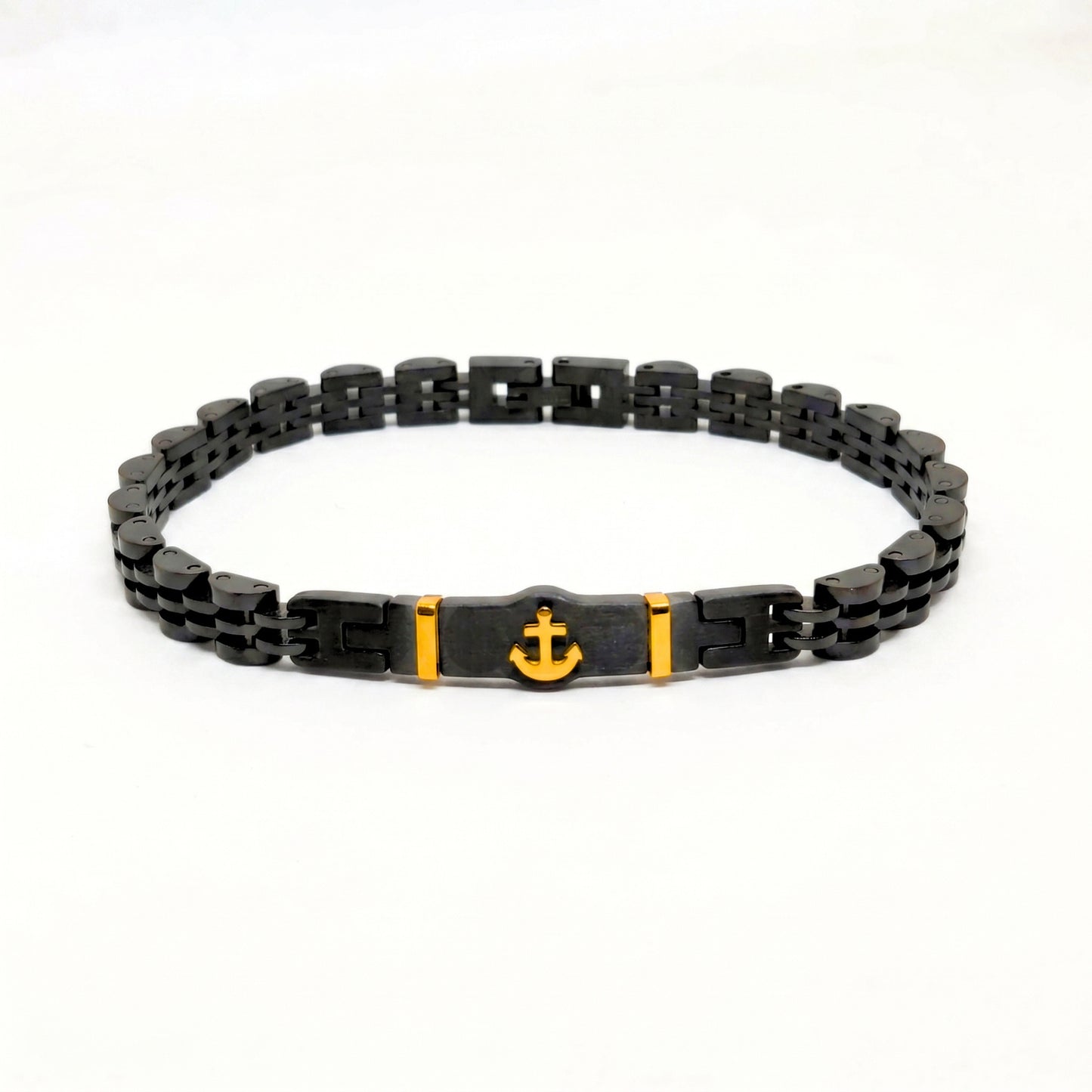 Black and gold anchor stainless steel bracelet for men by Overpowered Accessories, featuring a sleek design and durable links