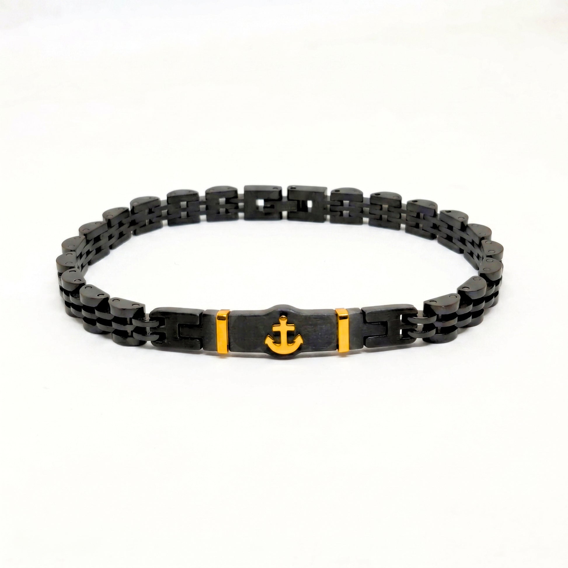Black and gold anchor stainless steel bracelet for men by Overpowered Accessories, featuring a sleek design and durable links