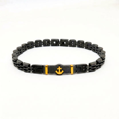 Black and gold anchor stainless steel bracelet for men by Overpowered Accessories, featuring a sleek design and durable links