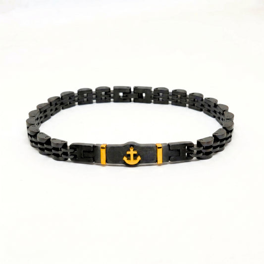 Black and gold anchor stainless steel bracelet for men by Overpowered Accessories, featuring a sleek design and durable links
