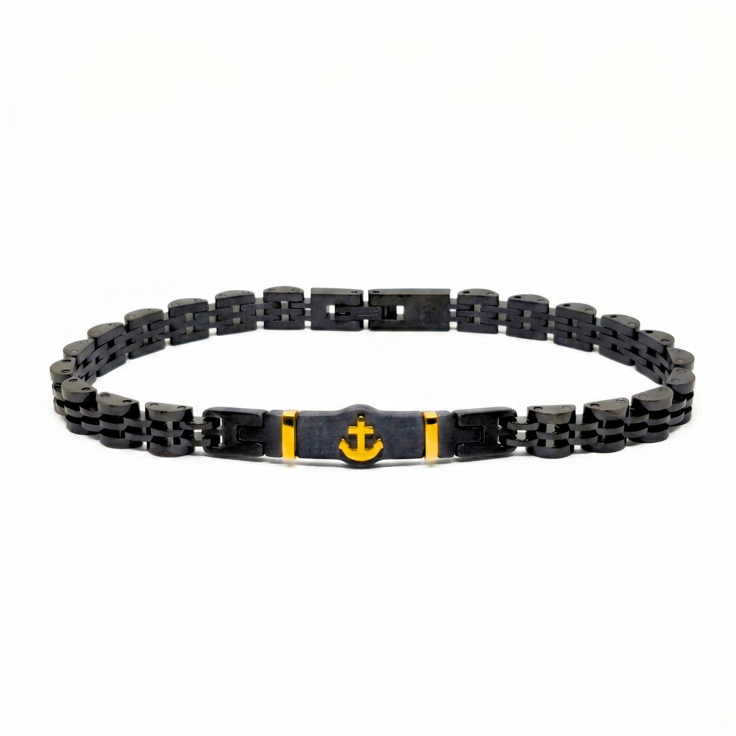 Black and gold anchor stainless steel bracelet for men, featuring a sleek black design with a gold anchor centerpiece.