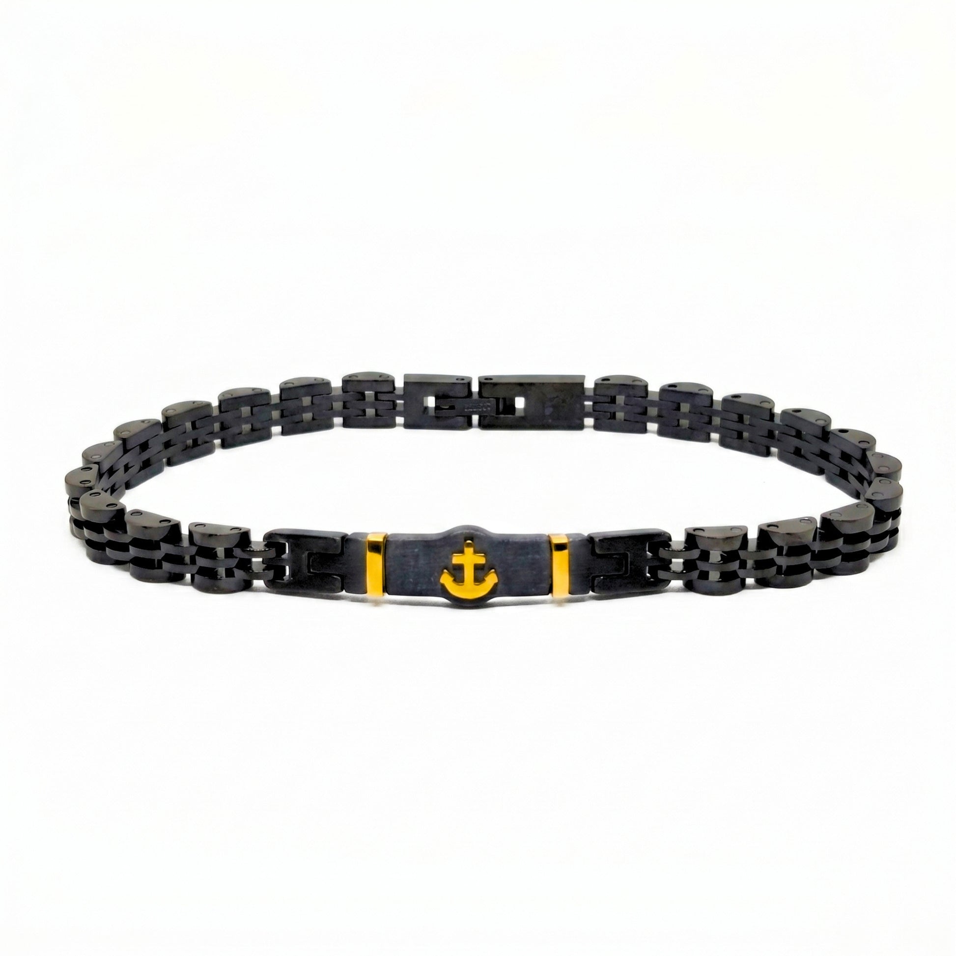 Black and gold anchor stainless steel bracelet for men, featuring a sleek black design with a gold anchor centerpiece.
