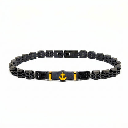Black and gold anchor stainless steel bracelet for men, featuring a sleek black design with a gold anchor centerpiece.