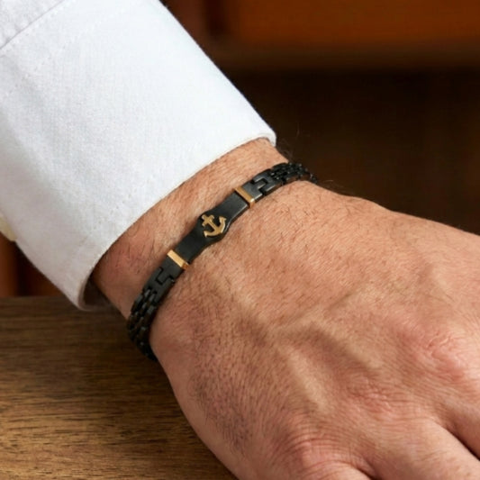 Black & Gold Anchor Stainless Steel B-145 Bracelet by Overpowered Accessories, featuring a black braided design and gold anch