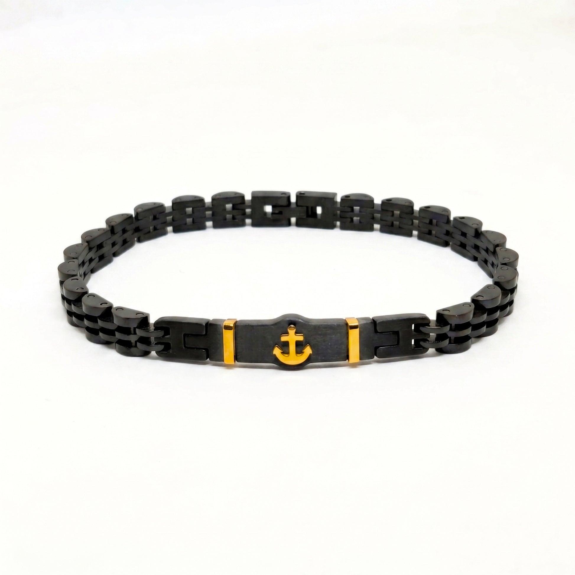 Black & Gold Anchor Stainless Steel B-145 Bracelet by Overpowered Accessories, featuring a black link design with a gold anch