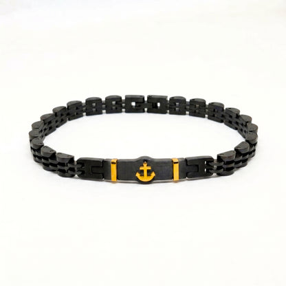 Black & Gold Anchor Stainless Steel B-145 Bracelet by Overpowered Accessories, featuring a black link design with a gold anch